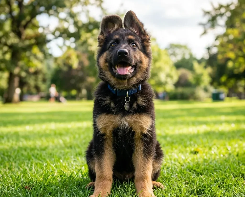 A stunning, photorealistic hero shot of a happy German Shepherd puppy sitting attentively on bright green grass