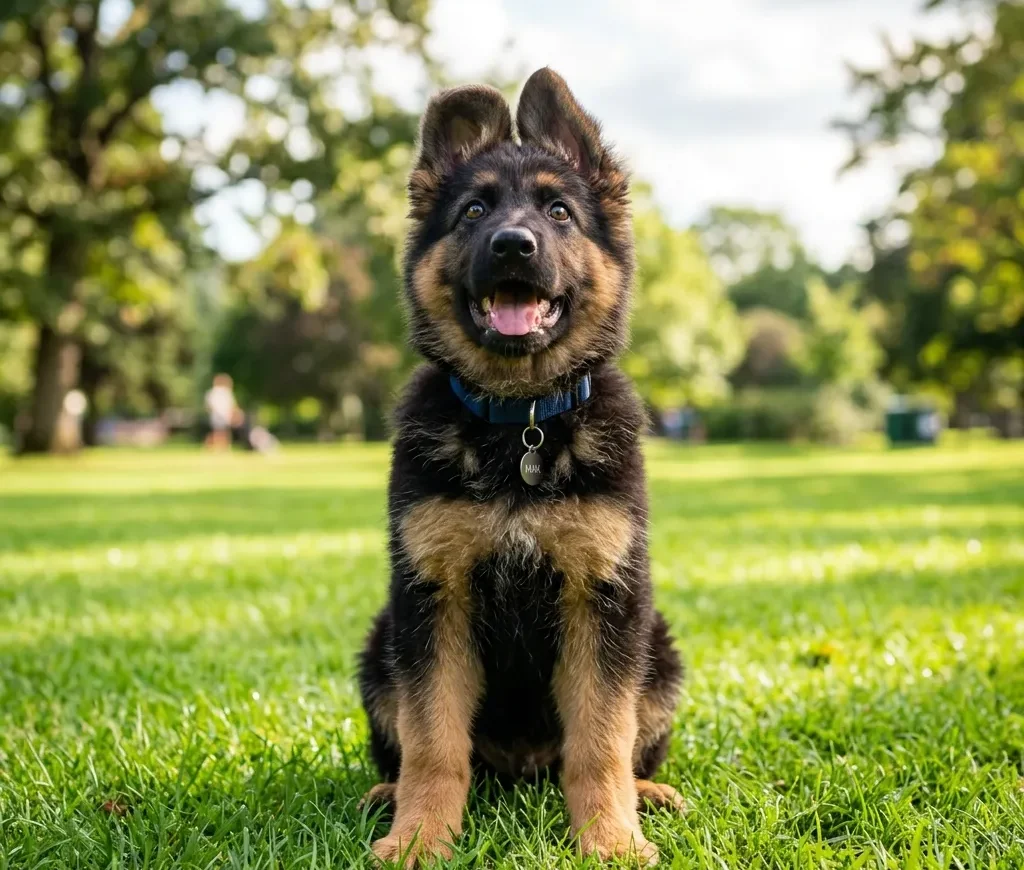 A stunning, photorealistic hero shot of a happy German Shepherd puppy sitting attentively on bright green grass
