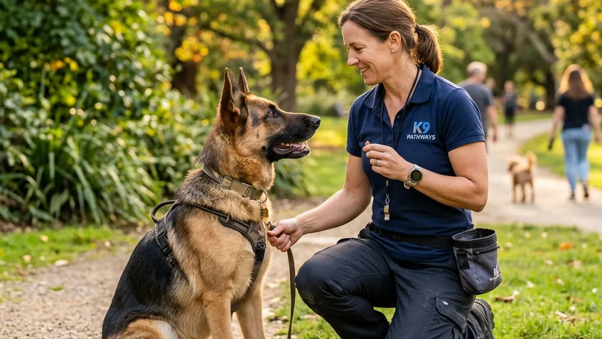 A professional dog trainer calmly working with a focused German Shepherd outdoors