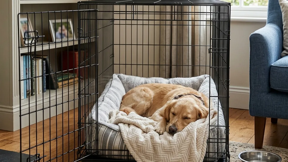 A comfortable open wire dog crate with a soft bed and blanket inside, home environment