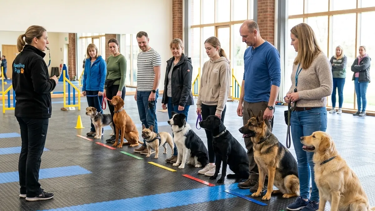 Several dogs and owners standing in a line during an indoor group obedience class