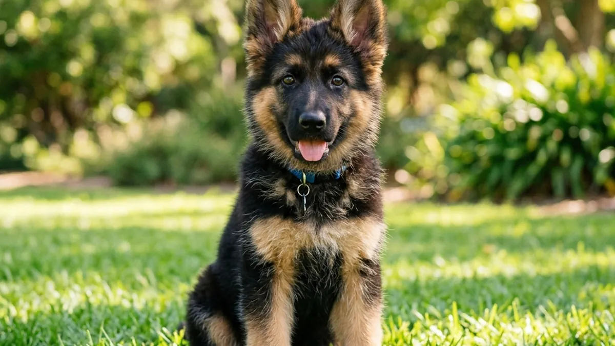 A cute German Shepherd puppy sitting attentively on green grass outdoors