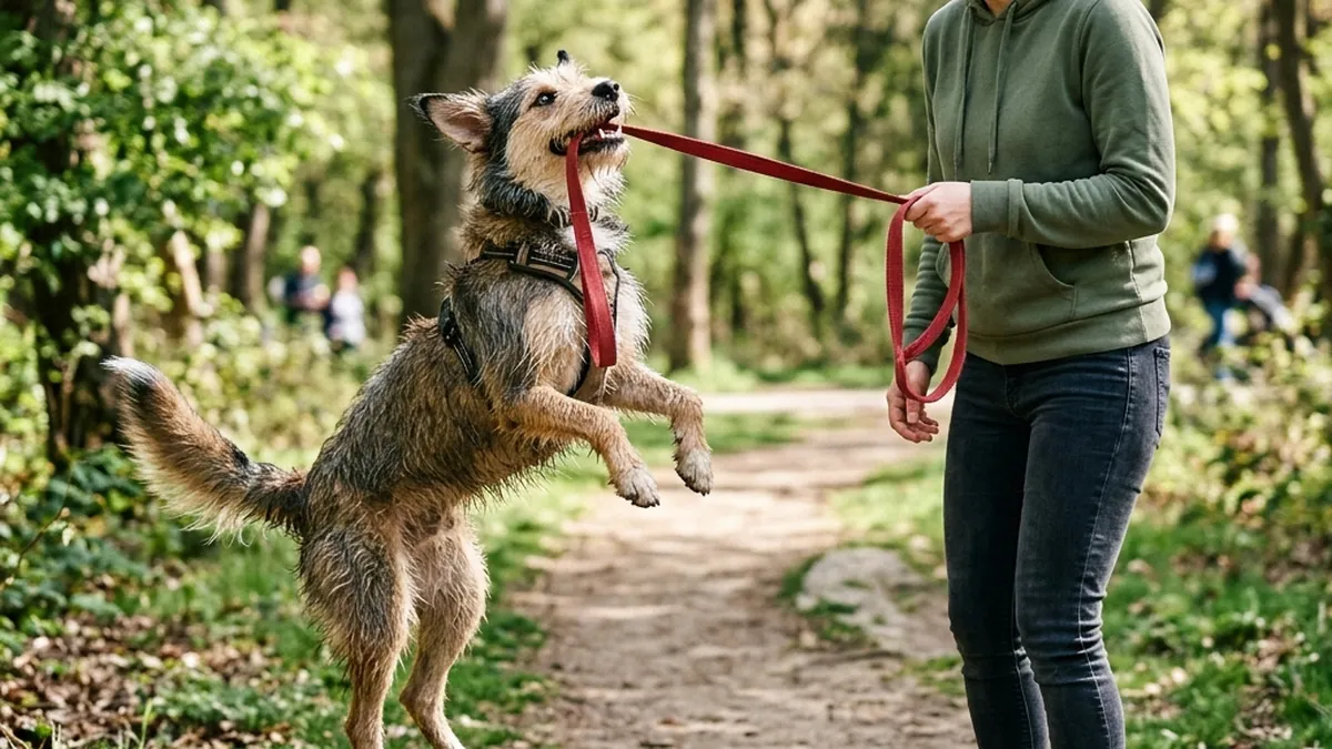 An excited dog jumping up and playfully biting its leash while the owner holds it outdoors