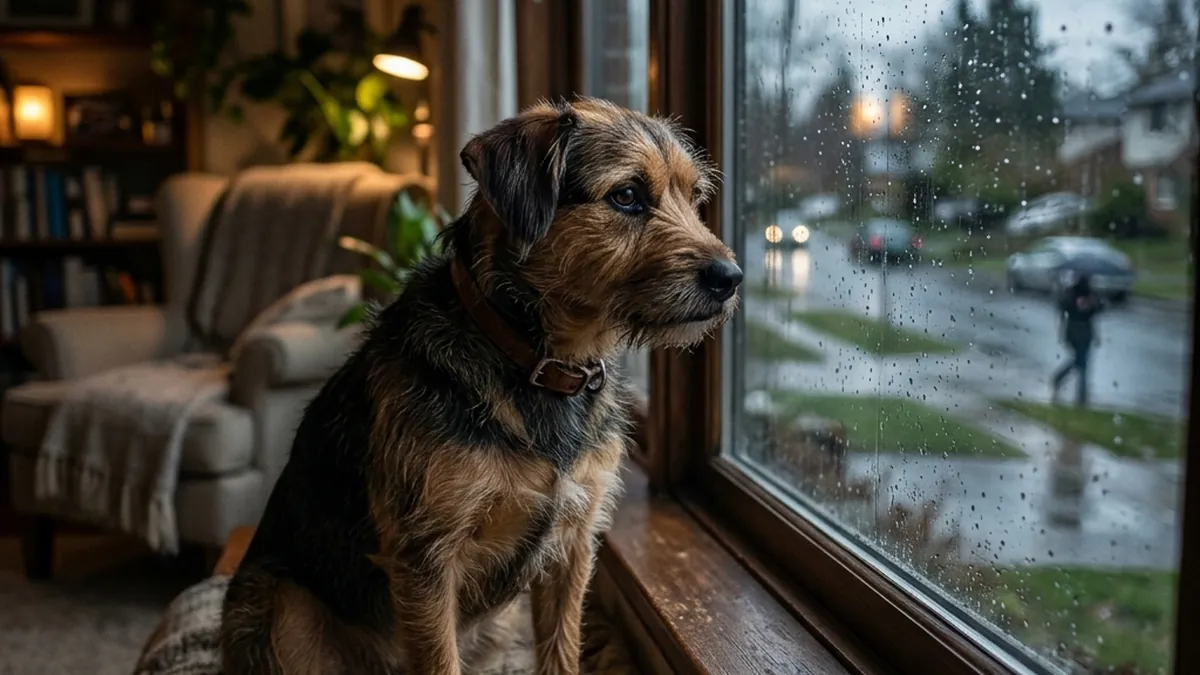 A sad dog looking out a window waiting for its owner indoors