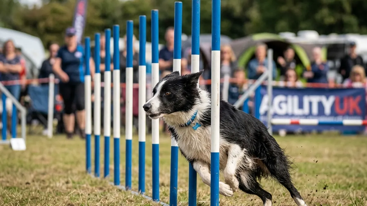 A highly focused border collie running fast through a dog agility course weaving poles