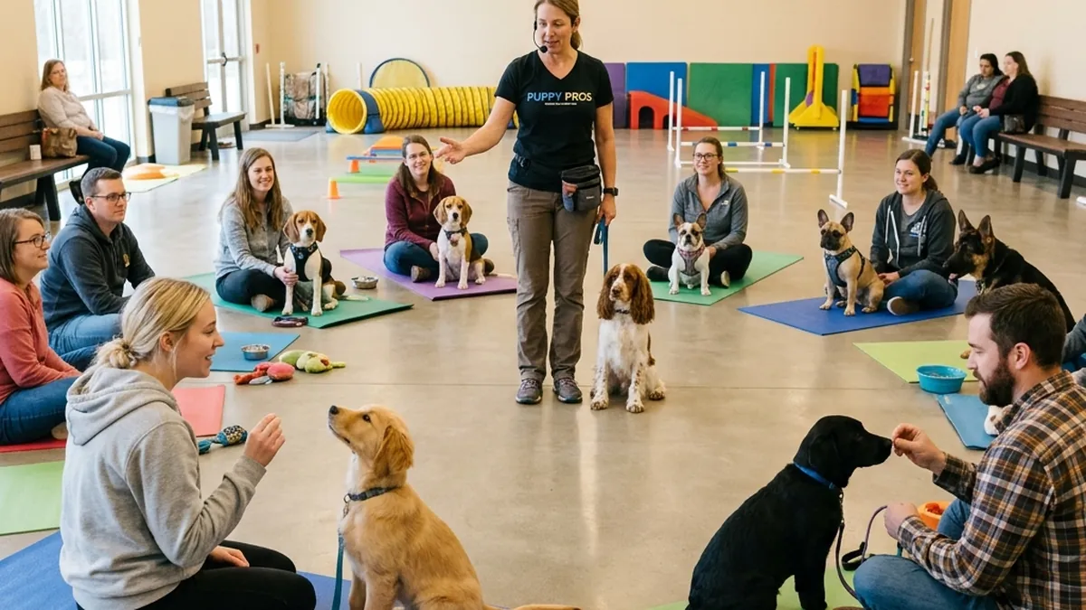 A group of puppies and owners in an indoor dog training class