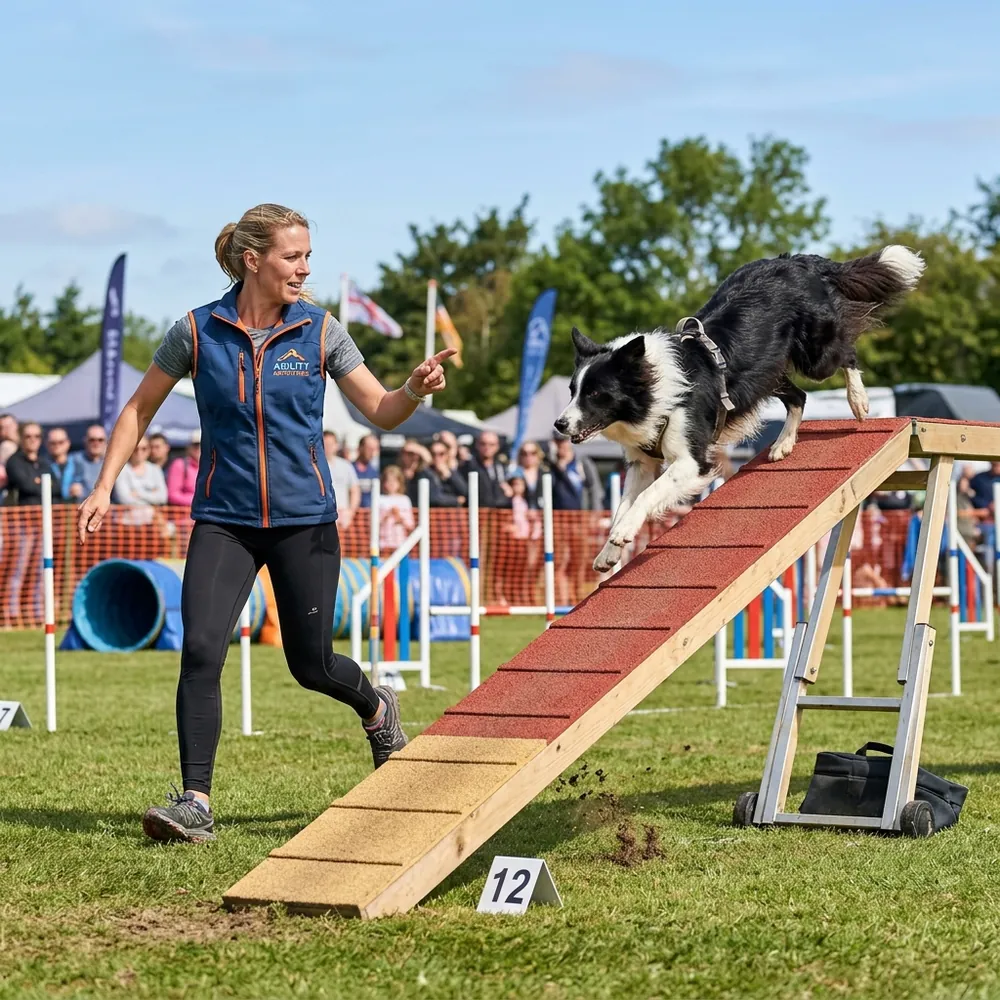 A handler and their Border Collie successfully completing a complex agility course outdoors