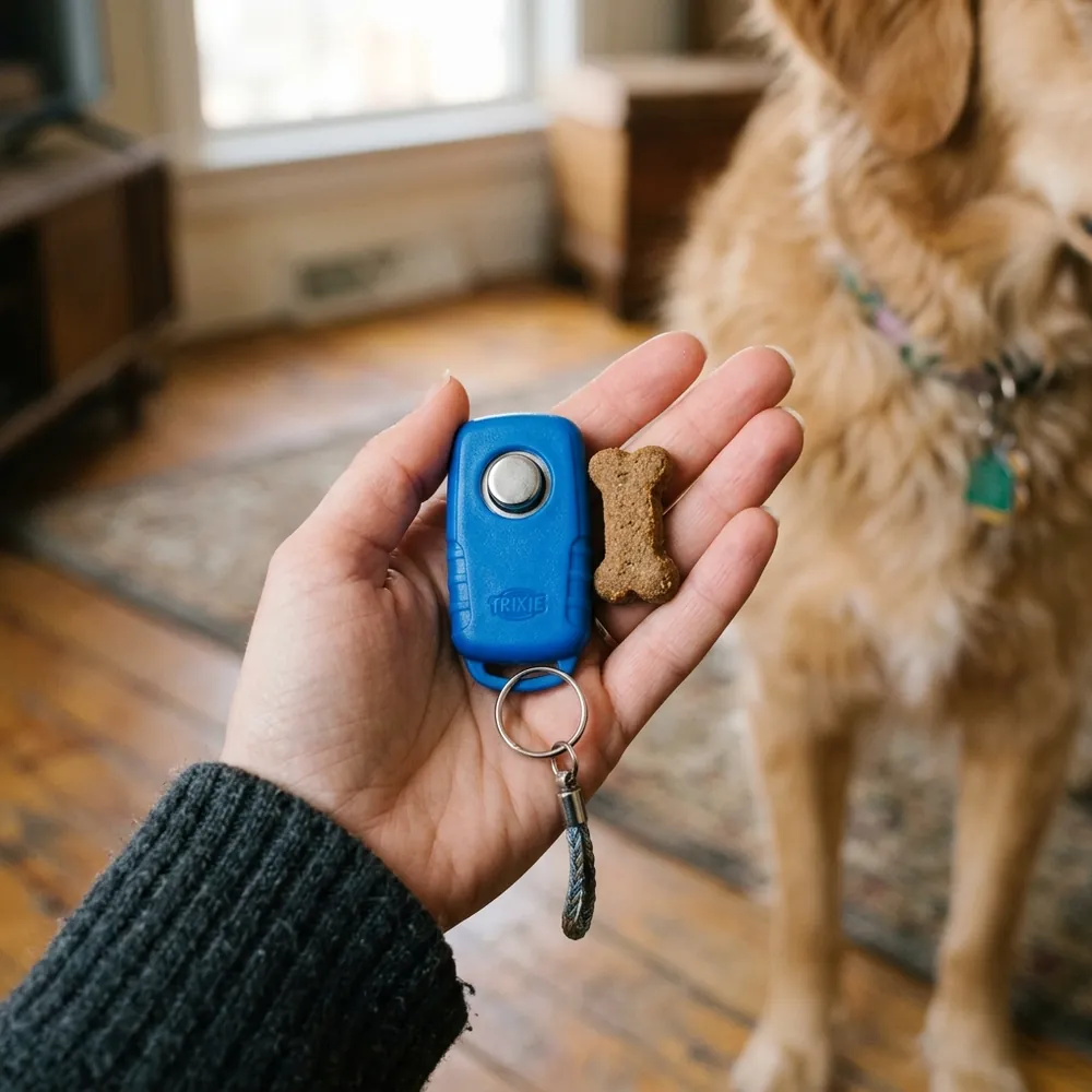 A close up of a person's hand holding a blue dog training clicker and a dog treat
