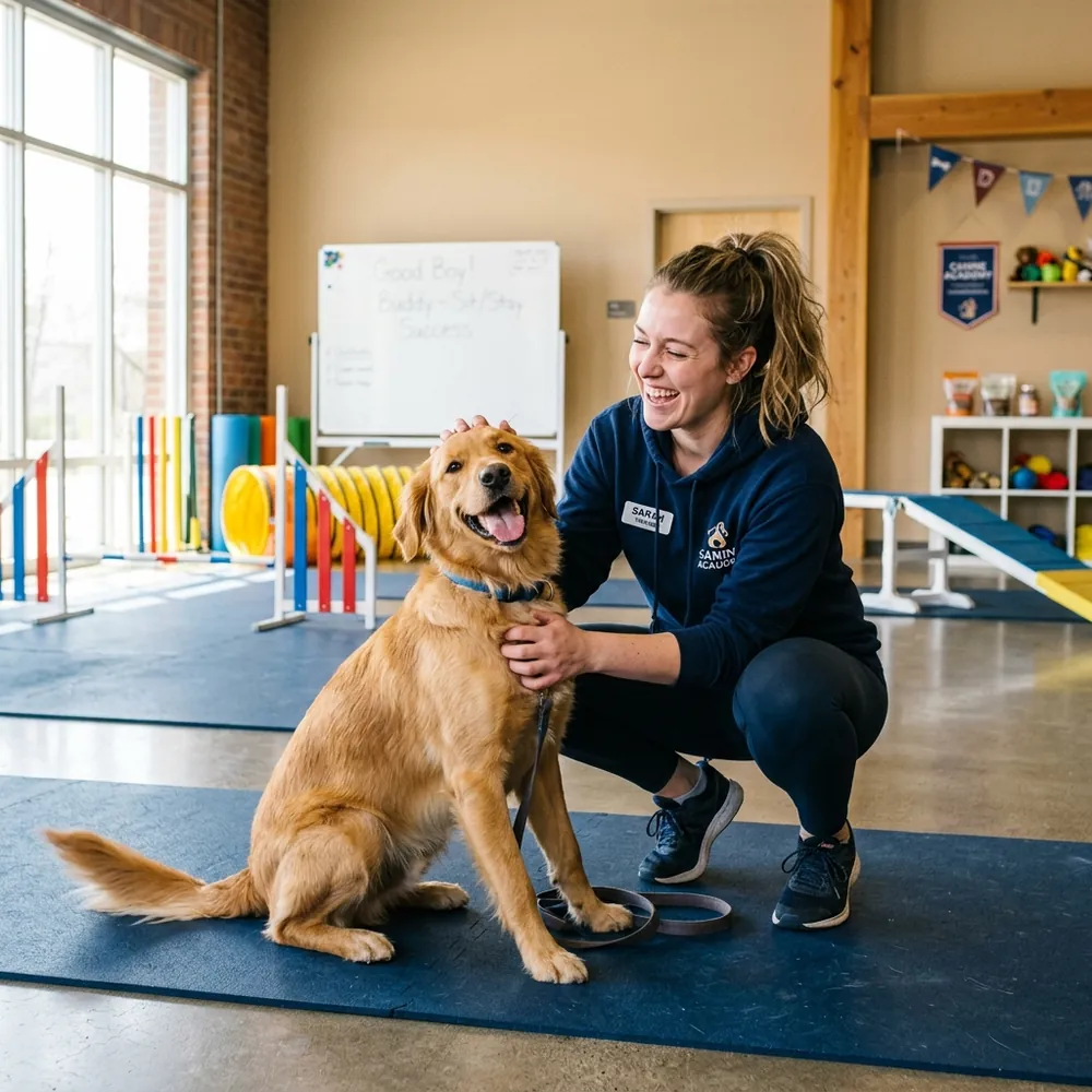 A trainer enthusiastically petting and praising a happy dog indoors
