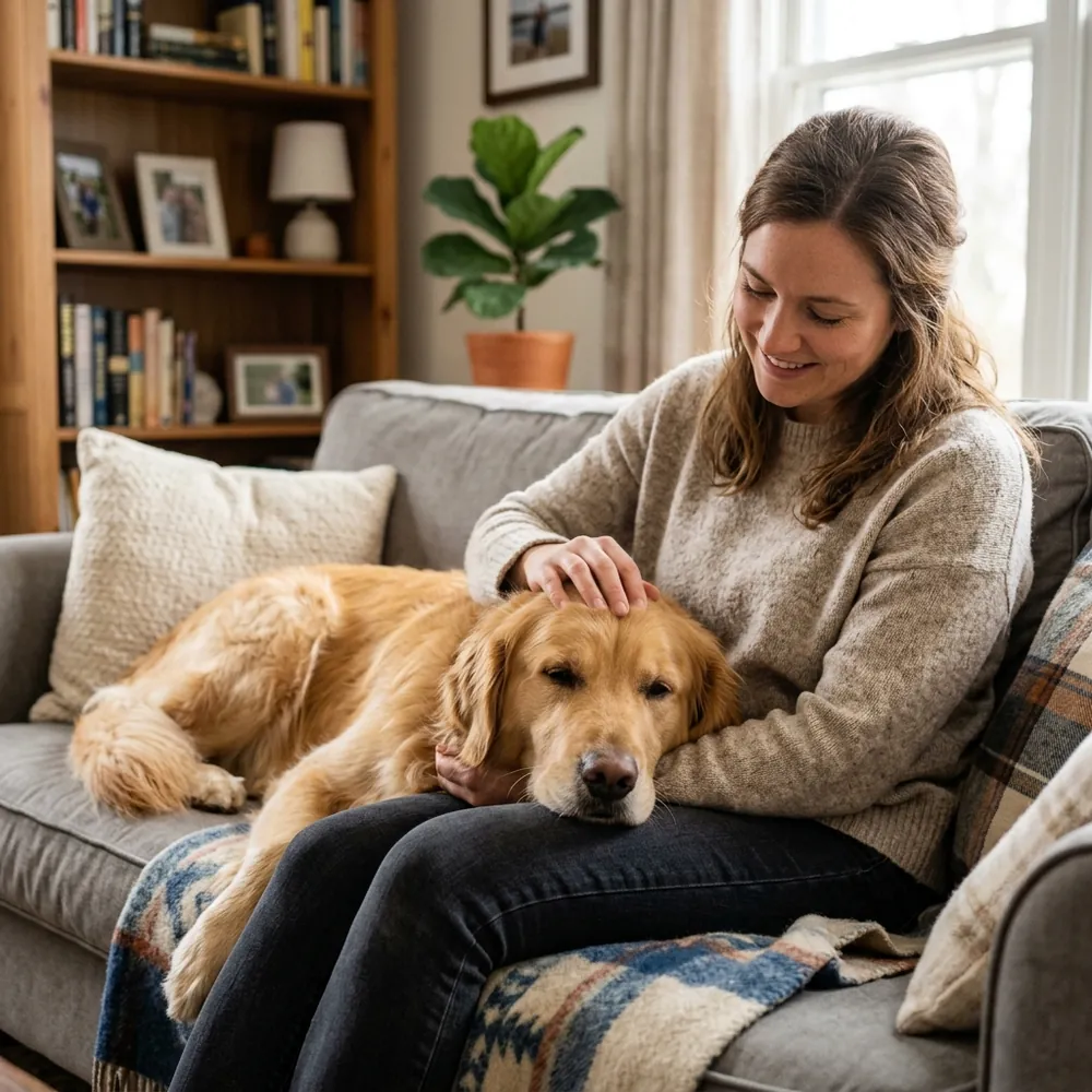 A golden retriever dog resting its head gently on its owner's lap to provide comfort