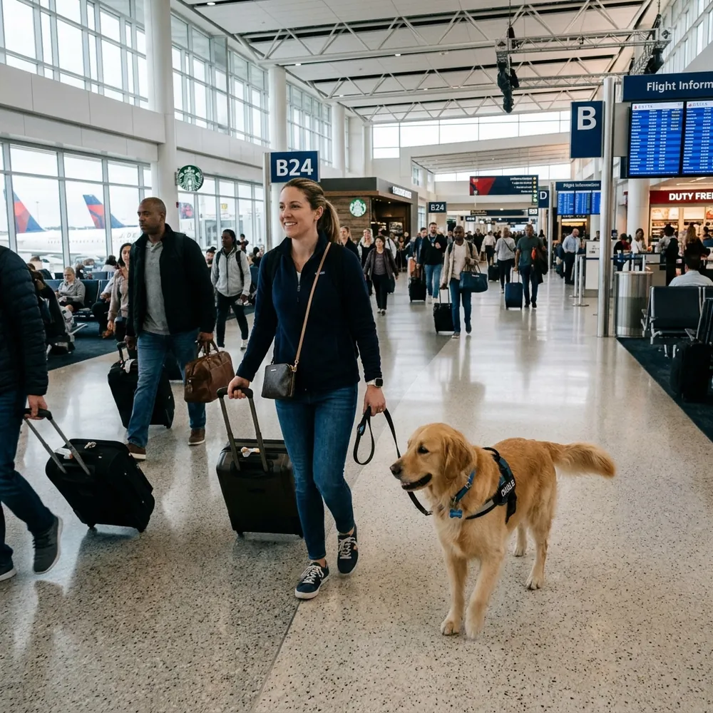 A well behaved dog walking calmly through a busy indoor airport terminal with its owner