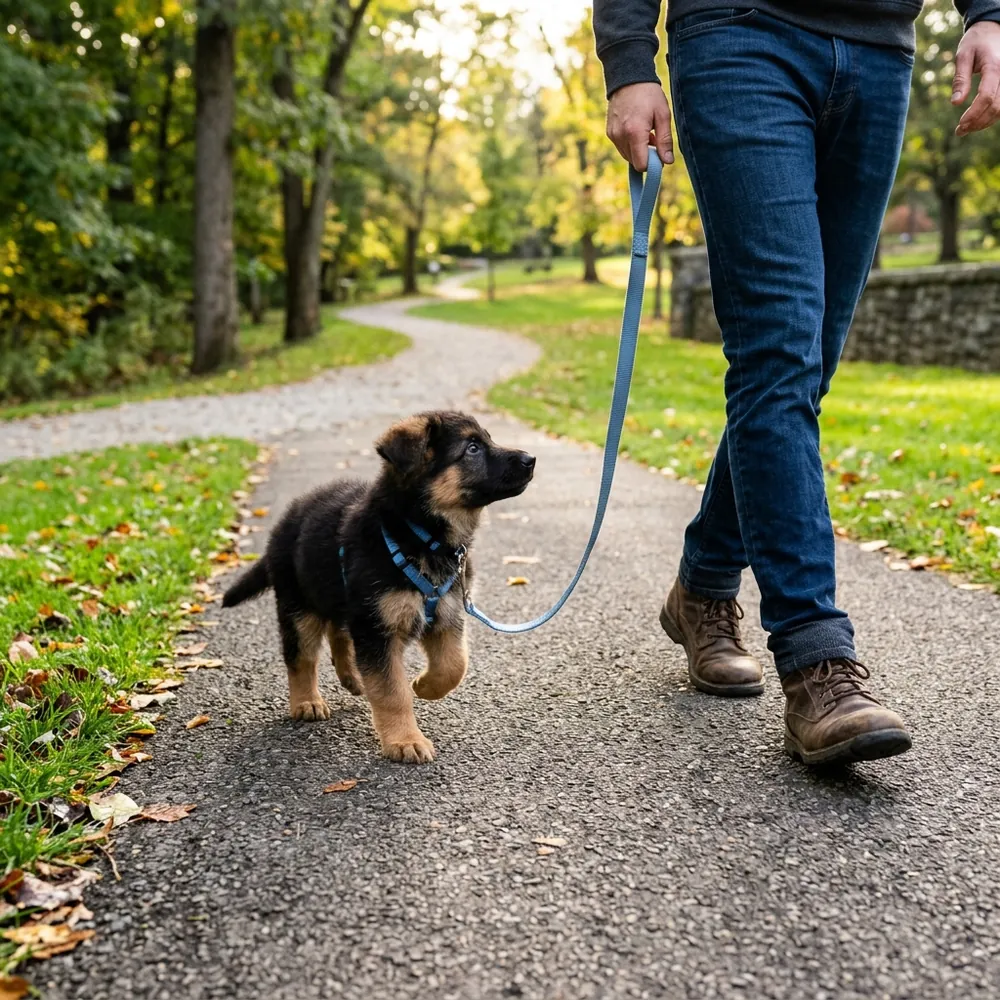 A German Shepherd puppy learning to walk nicely on a leash outdoors