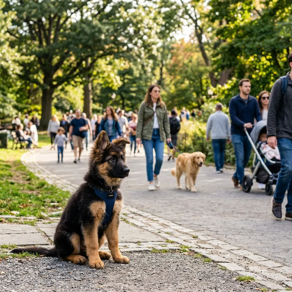 A German Shepherd puppy calmly observing people walking by in a busy outdoor park