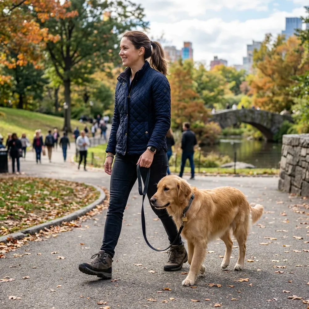 A dog owner redirecting their dog's attention with a tug toy on a walk outdoors