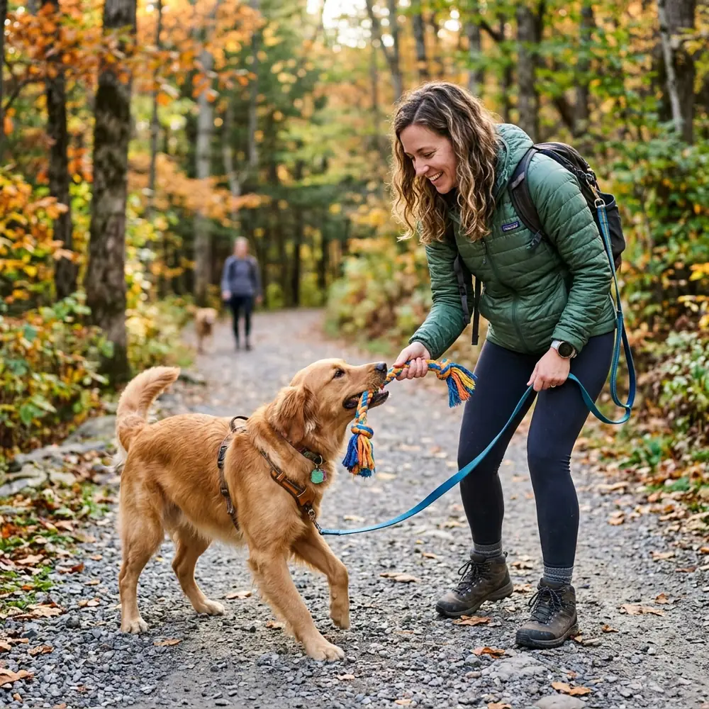 An excited dog jumping up and playfully biting its leash while the owner holds it outdoors