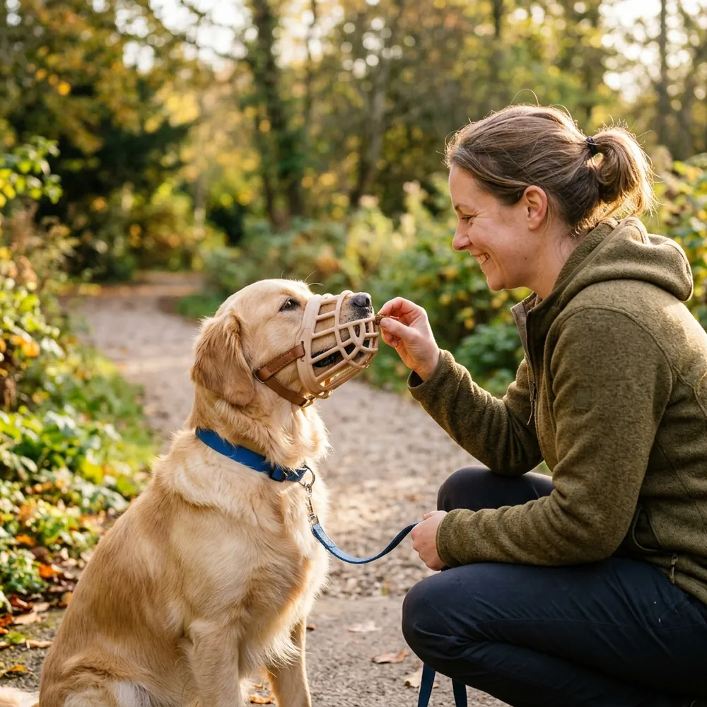 A dog wearing a comfortable basket muzzle being fed treats by a trainer
