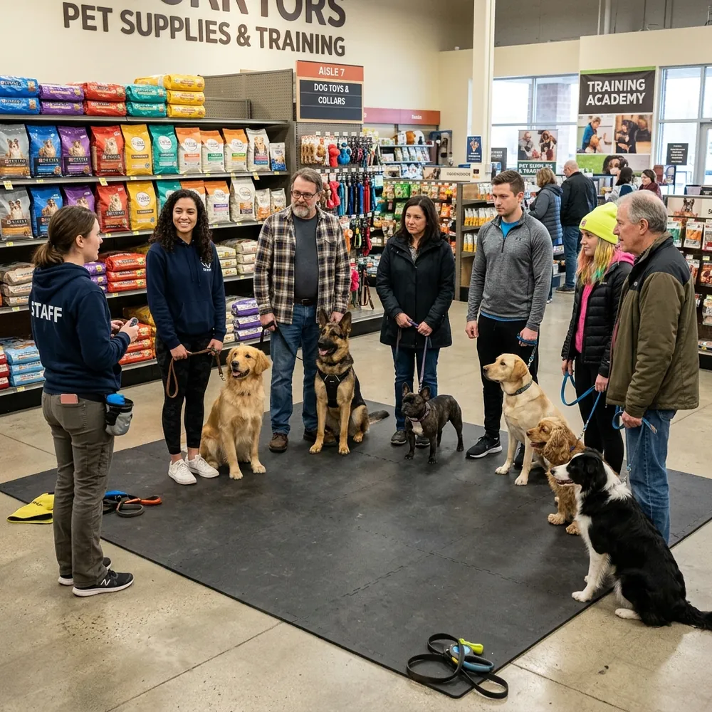 Several dog owners with their dogs standing in a circle in an indoor retail pet store group training class