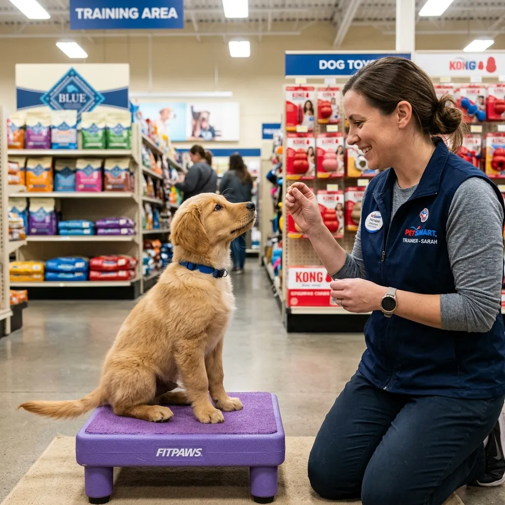 A cute puppy sitting on a small training platform inside a pet store