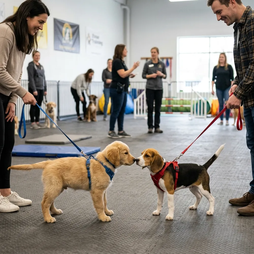 Two puppies politely greeting each other on leash in an indoor dog training class