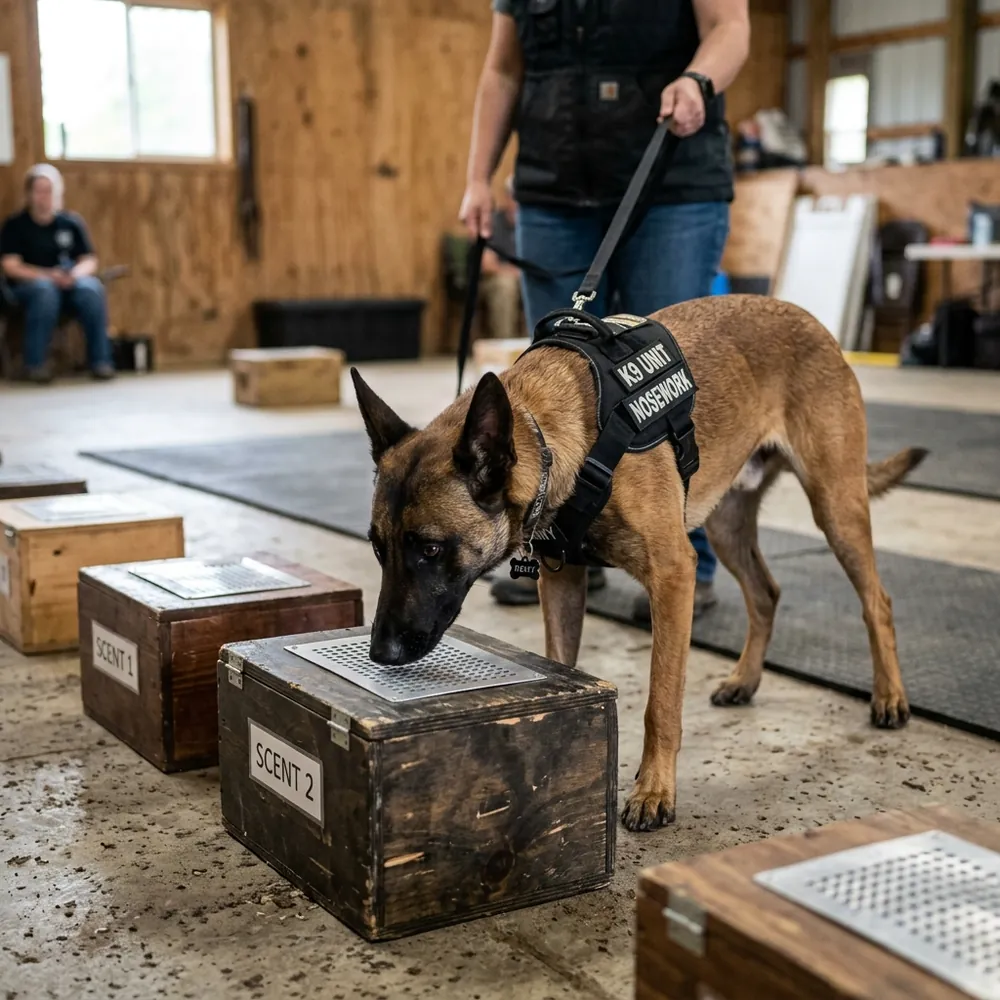 A Belgian Malinois intensely focused on a scent box during a nosework training session indoors