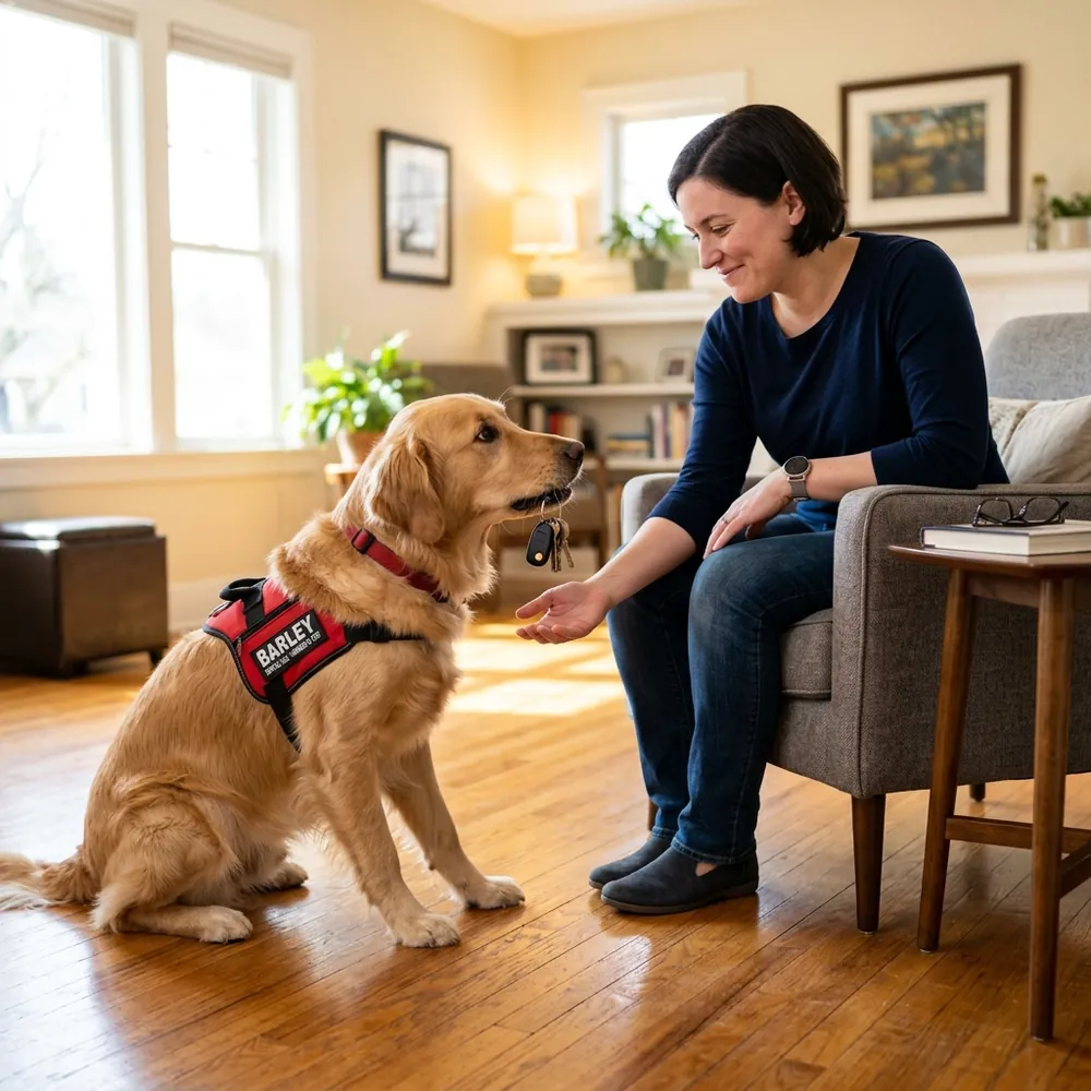 A service dog carefully retrieving a dropped item for its handler