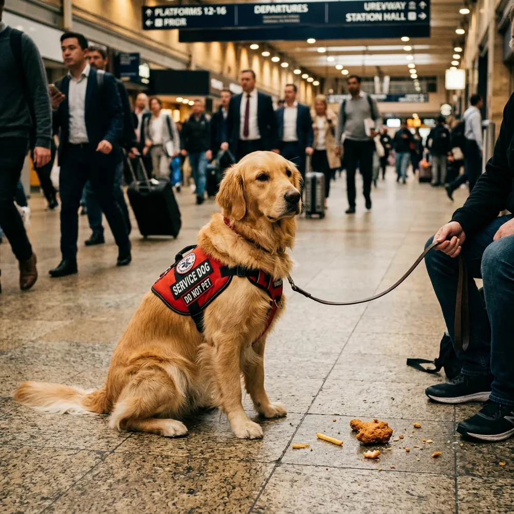 A dog wearing a red service vest calmly ignoring food on the floor in a busy environment