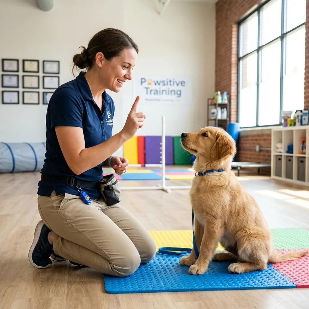 A professional dog trainer demonstrating a sit command to a Golden Retriever puppy indoors