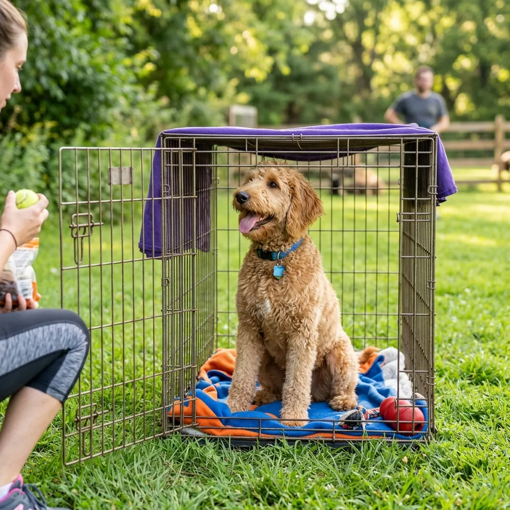 A dog eagerly waiting inside an open crate to play crate games outdoors