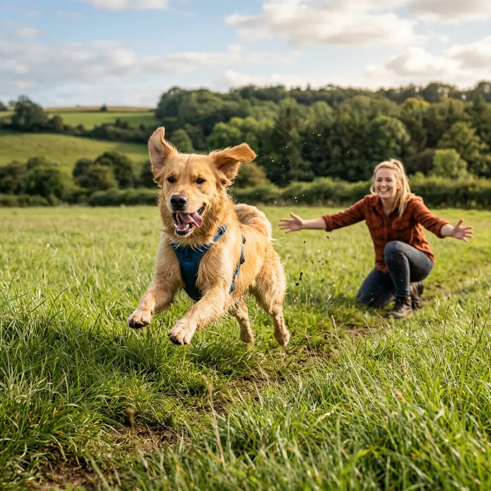 A dog sprinting enthusiastically toward its owner across a field