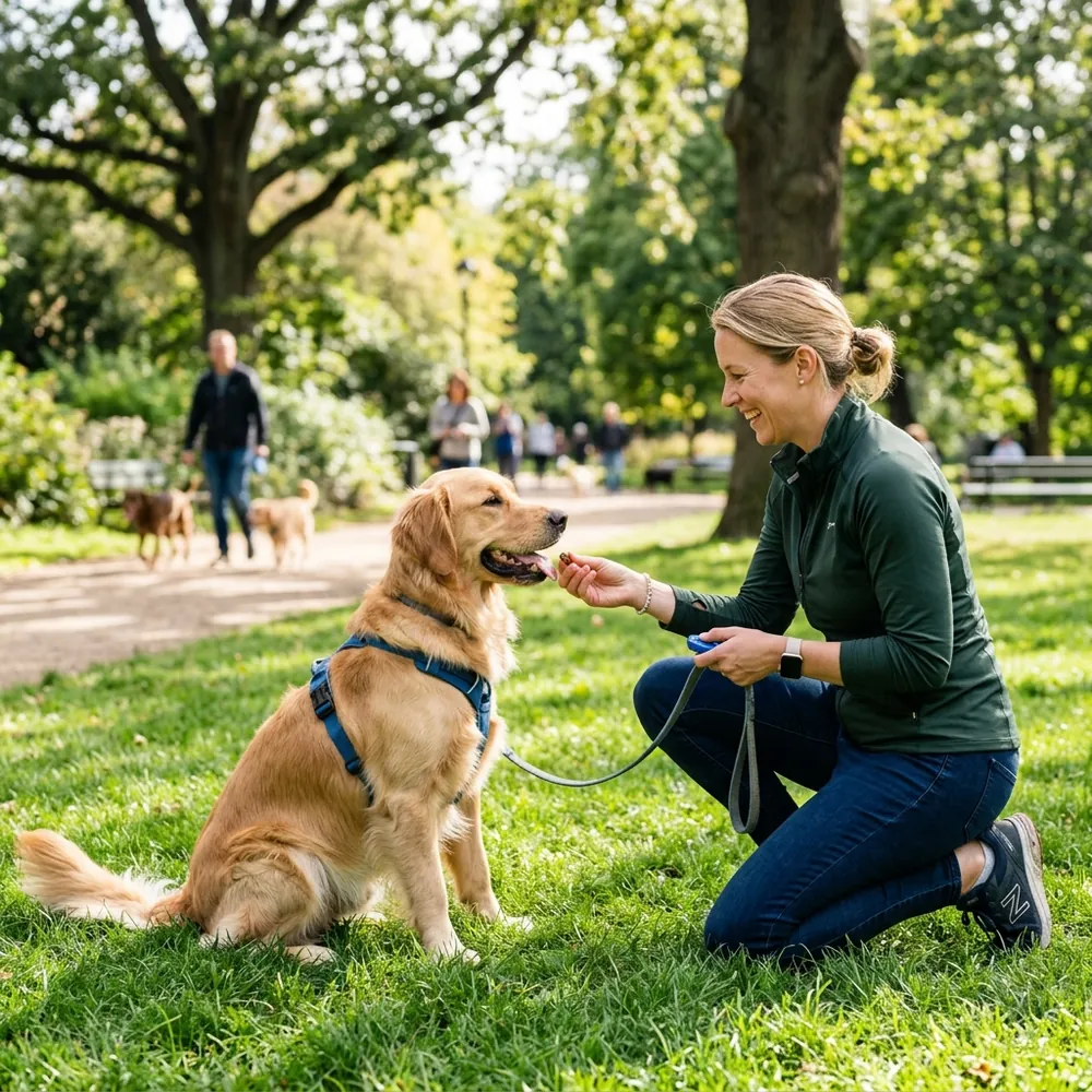 An owner clicking and treating their dog for looking at a distraction and looking back