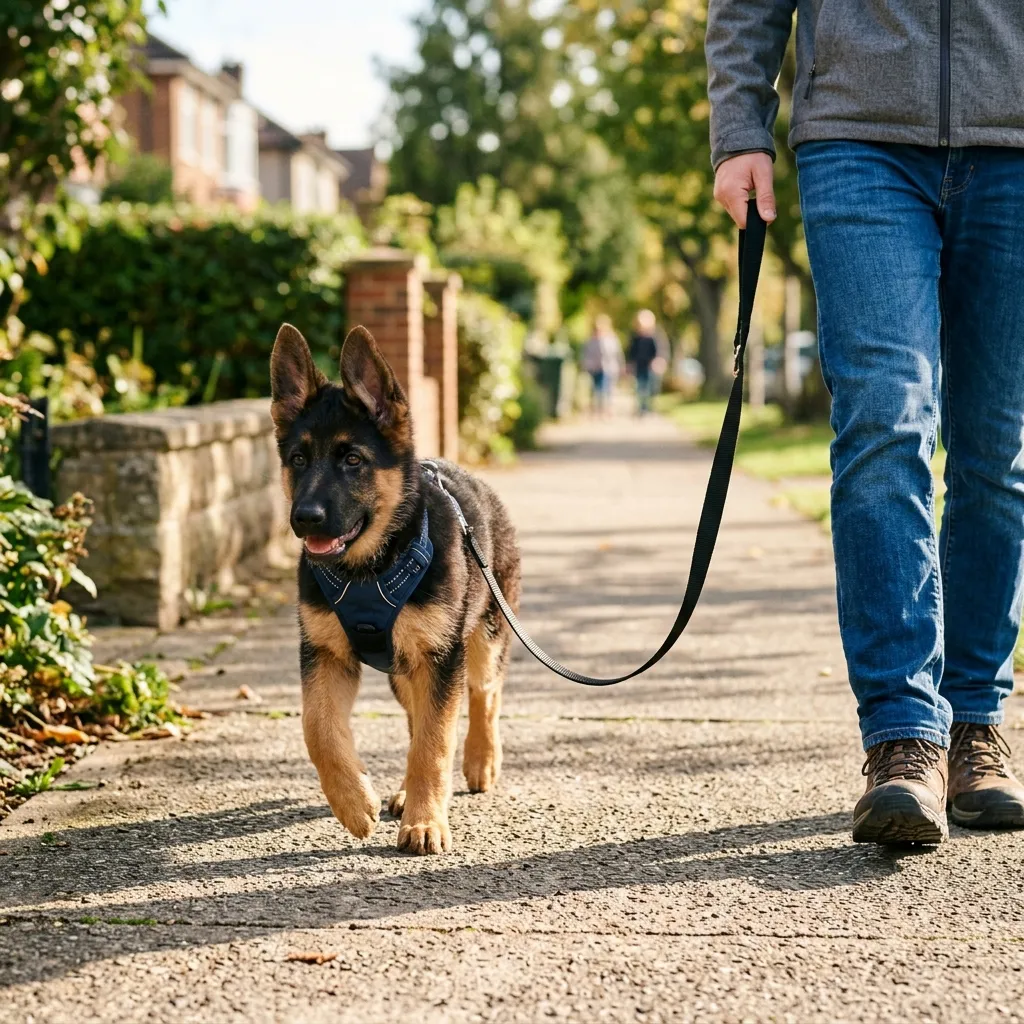 A German Shepherd puppy walking nicely on a loose leash