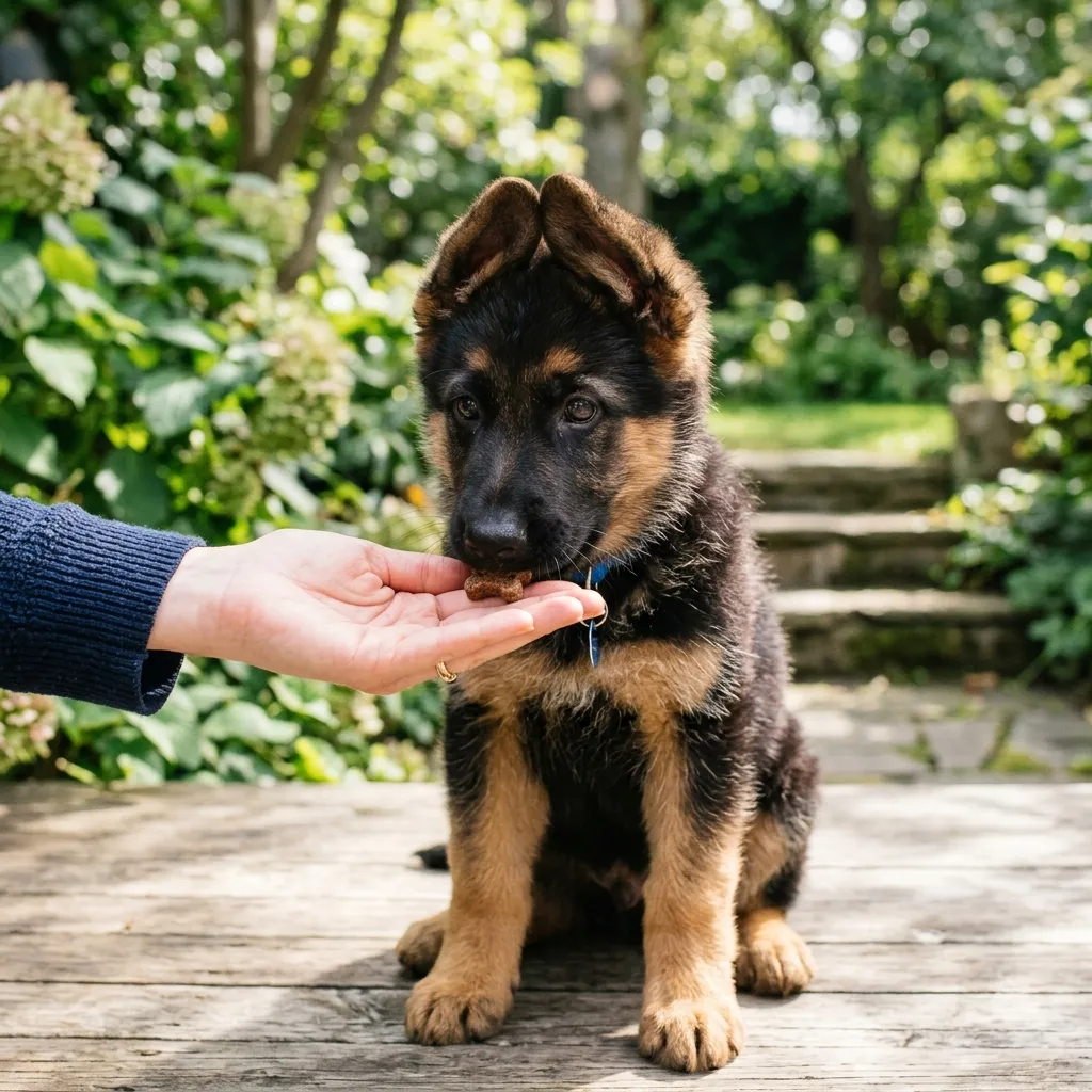 A German Shepherd puppy taking a treat from an owner's hand