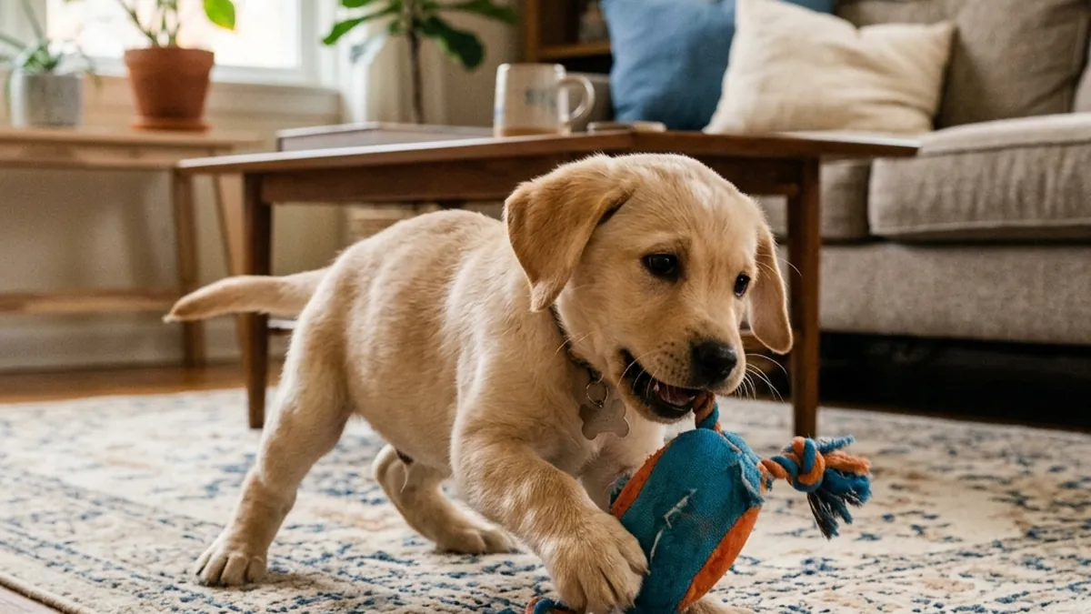 A labrador playing indoors