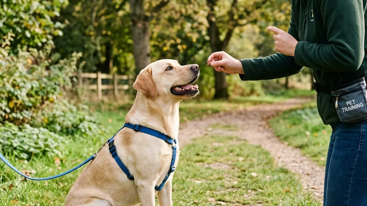 A friendly labrador being trained with treats